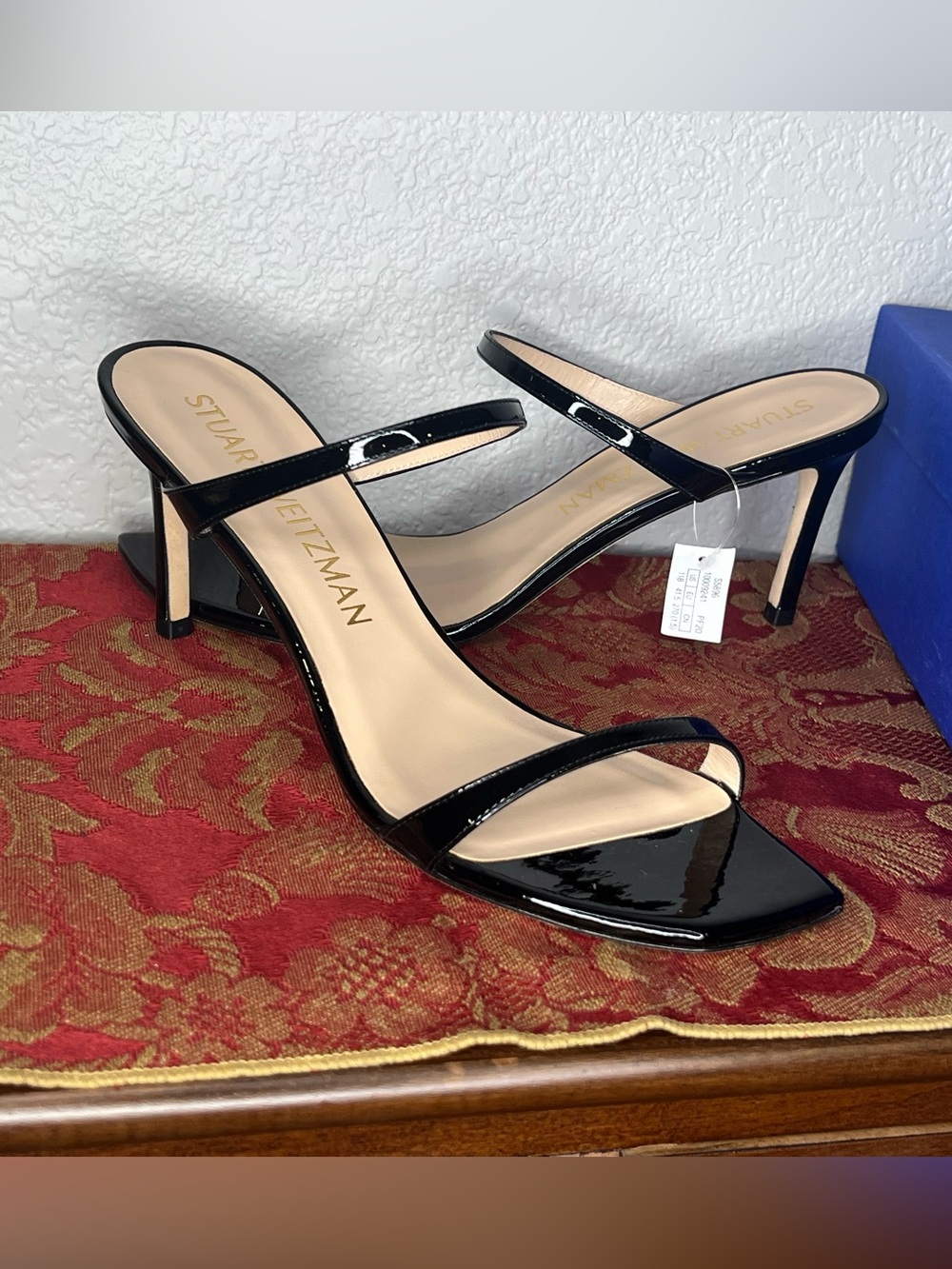 S22. Stuart Weitzman Black Patent Leather Strappy Mid-Heel Sandals 11